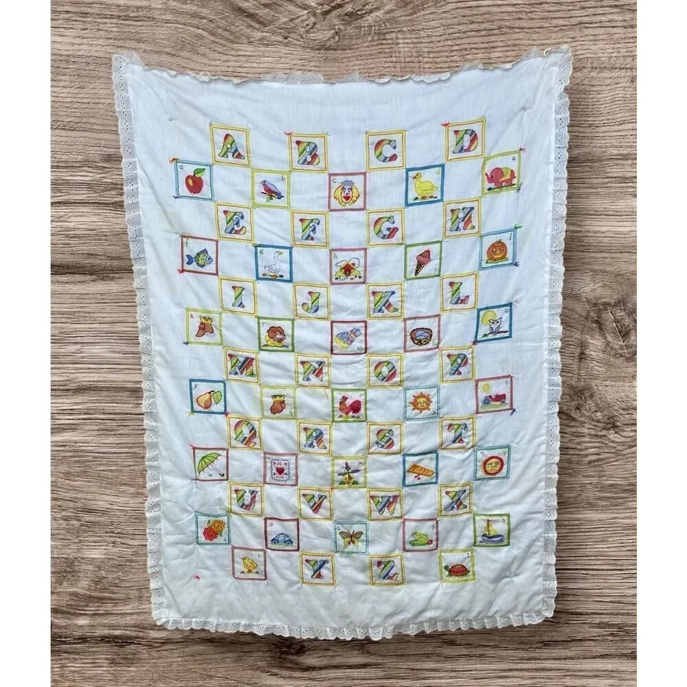 Vintage Hand Embroidered Blanket Baby Blanket Wall Decor Alphabet Patch Work